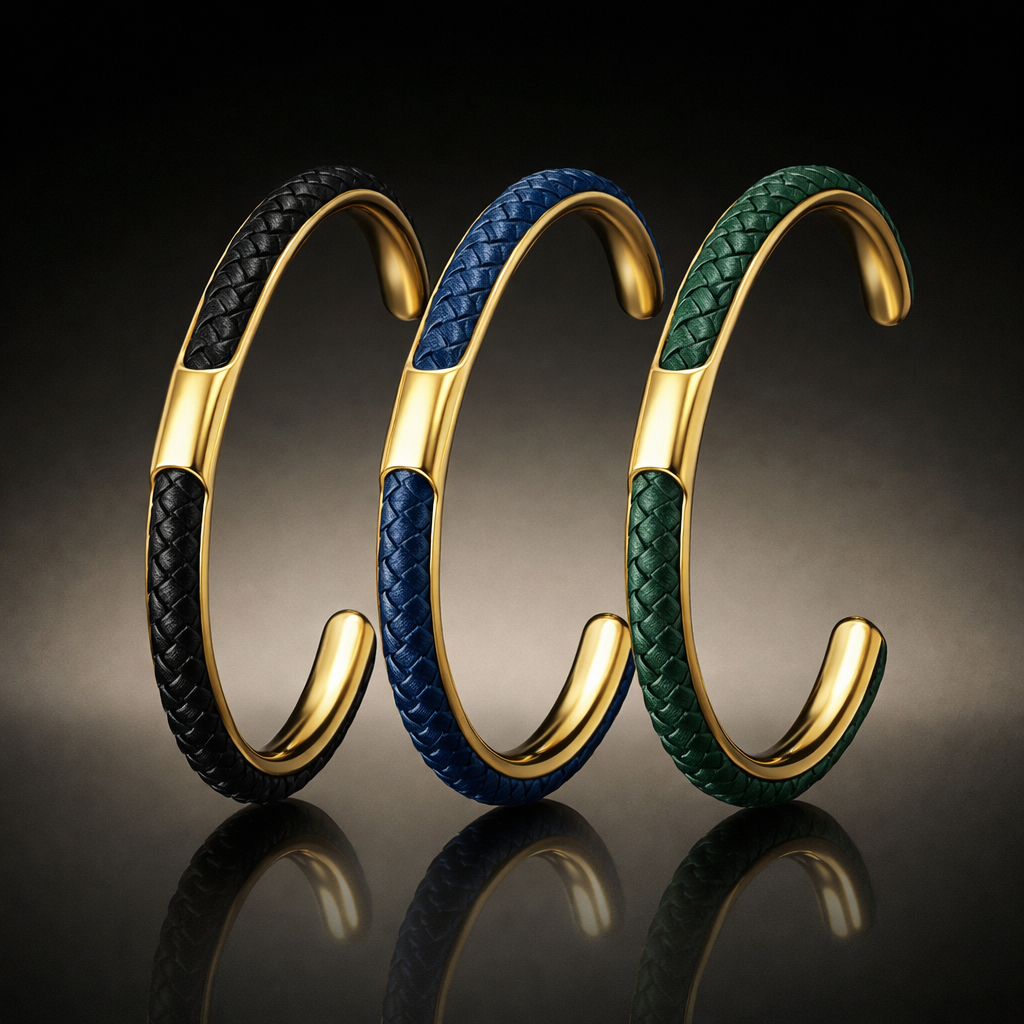 Braided leather and stainless steel cuff bracelet, view 16