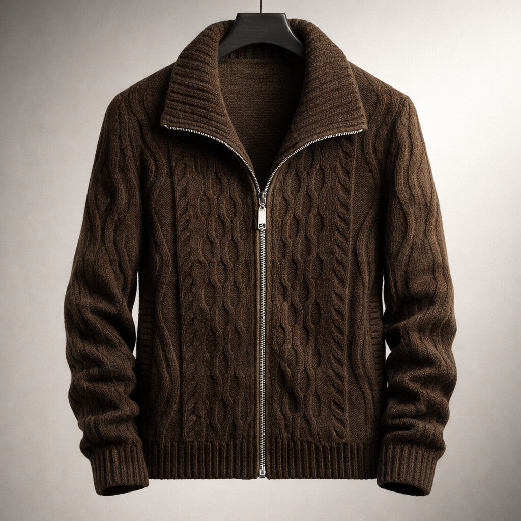 Winter Cable Knit Stand Collar Zip Up Cardigan for Men in Dark Brown