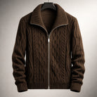 Winter Cable Knit Stand Collar Zip Up Cardigan for Men in Dark Brown