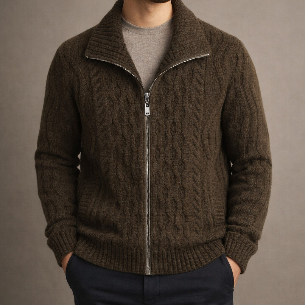 Winter Cable Knit Stand Collar Zip Up Cardigan for Men