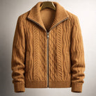 Winter Cable Knit Stand Collar Zip Up Cardigan for Men in Brown