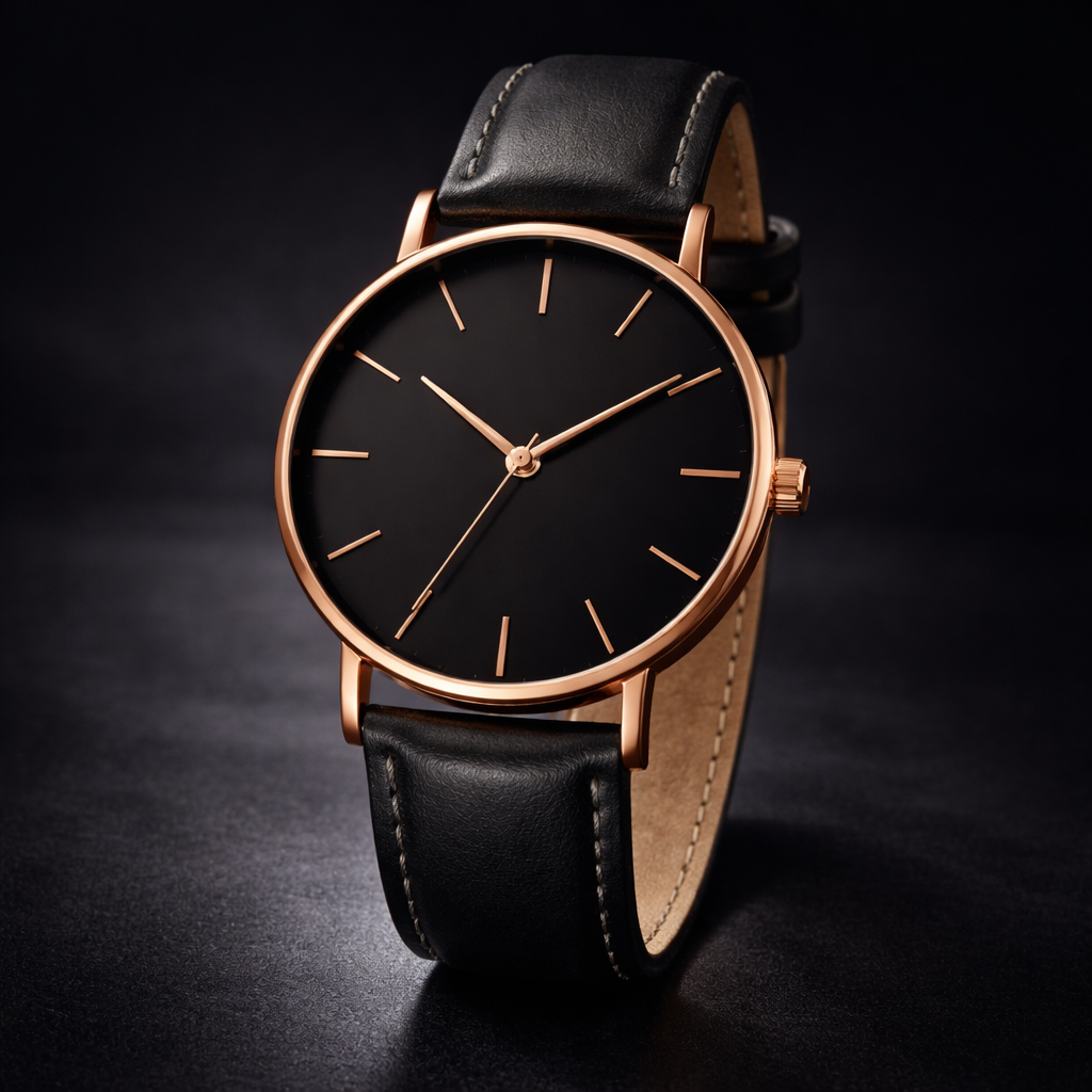 Minimalist dial 39mm quartz leather strap watch in black / black
