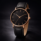 Minimalist dial 39mm quartz leather strap watch in black / black