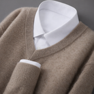 Midweight wool blend V-neck sweater in warm camel
