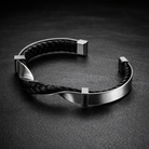 Polished steel braided leather cuff bracelet in silver
