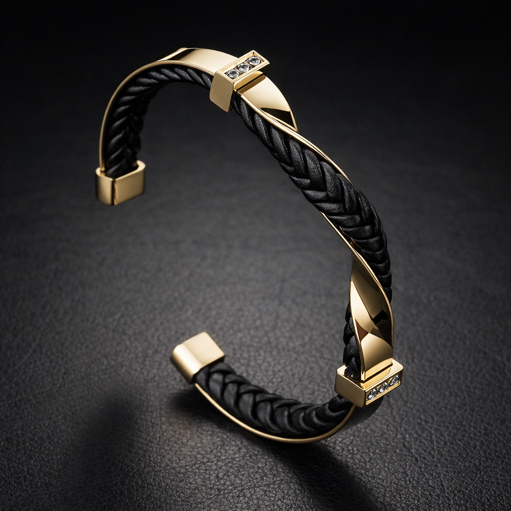 Polished steel braided leather cuff bracelet, view 3