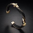 Polished steel braided leather cuff bracelet, view 3