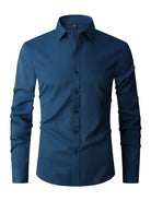 Fall Long Sleeve Semi Formal Button Up Dress Shirt for Men in Petrol Blue