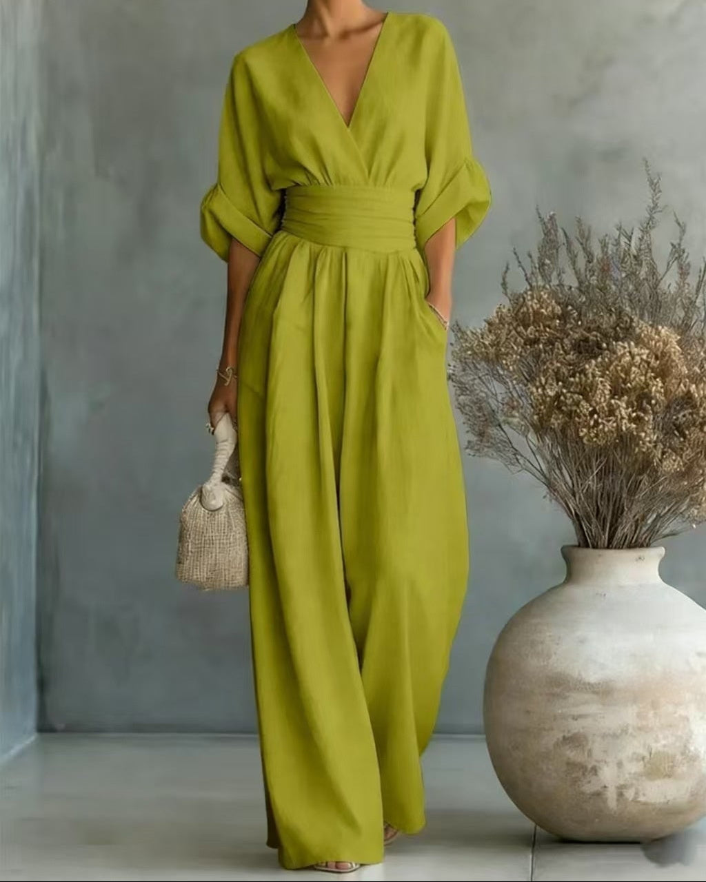 Fall V Neck High Waist Wide Leg Jumpsuit for Women in Lime Green