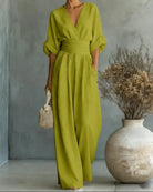 Fall V Neck High Waist Wide Leg Jumpsuit for Women in Lime Green
