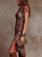 Boho ruched waist asymmetric midi dress, view 3