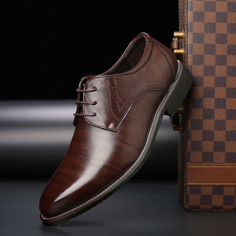 Faux Leather Pointed Toe Brogue Derby Dress Shoes for Men in Dark Brown
