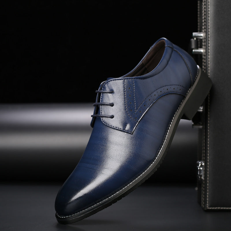 Faux Leather Pointed Toe Brogue Derby Dress Shoes for Men in Dark Blue
