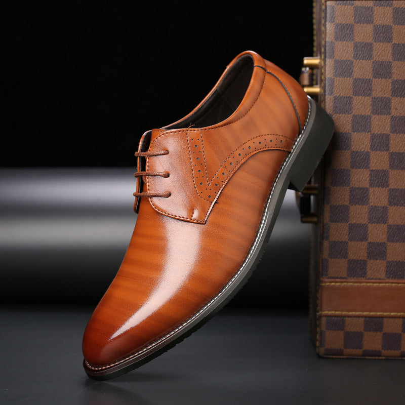 Faux Leather Pointed Toe Brogue Derby Dress Shoes for Men in Cognac