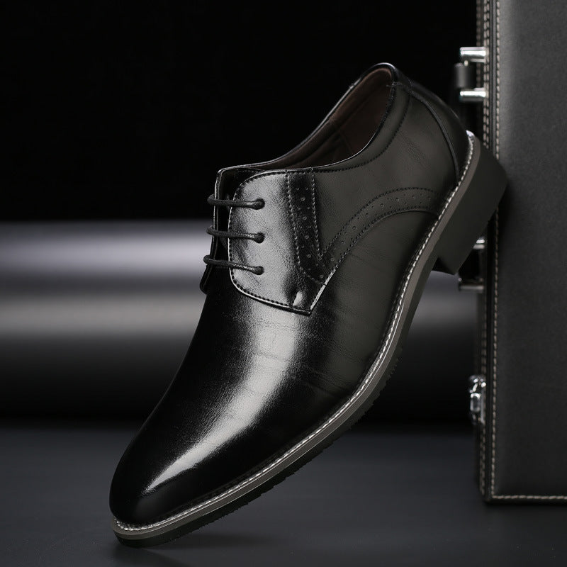 Faux Leather Pointed Toe Brogue Derby Dress Shoes for Men in Black