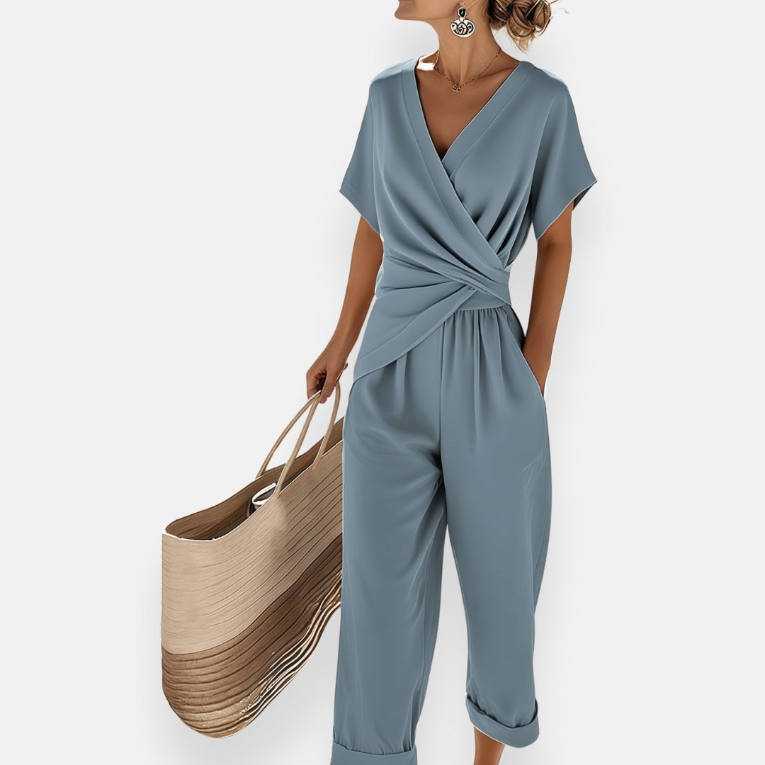 Draped bow detail wide leg jumpsuit in blue