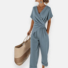 Draped bow detail wide leg jumpsuit in blue