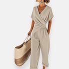 Draped bow detail wide leg jumpsuit in beige