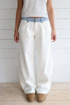 Relaxed Straight Leg Jeans with Striped Waistband for Women in White