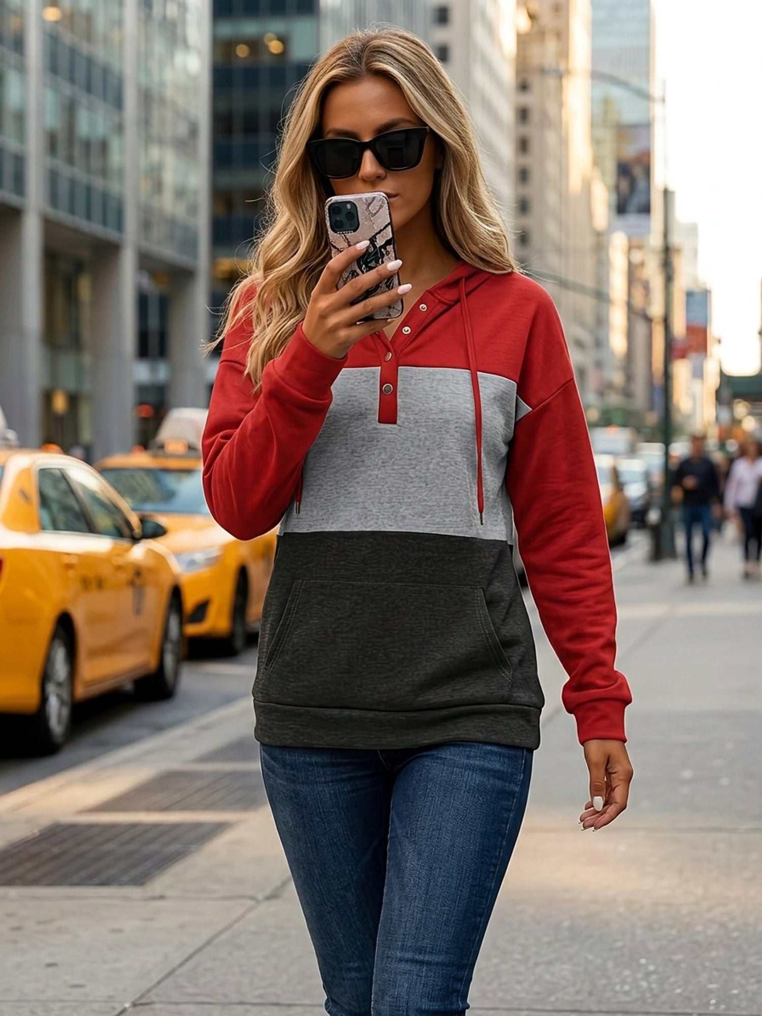 Hoodie Womens Colour Block Button Neck Pullover Soft Fleece Warm