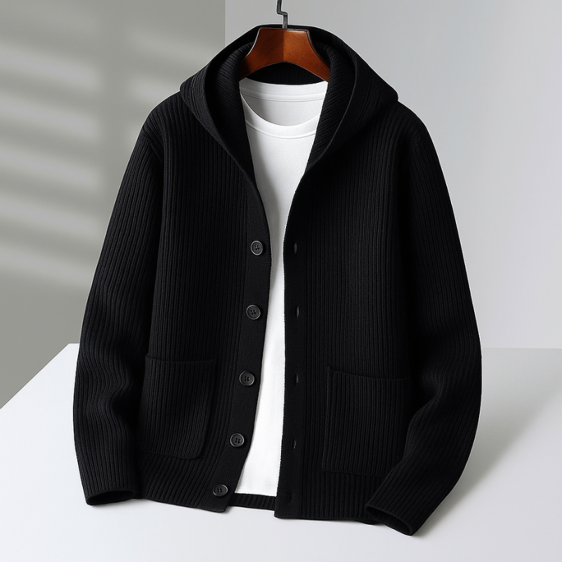 Winter Chunky Ribbed Knit Hooded Cardigan for Men in Black