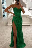Glitter Corset High Slit Maxi Evening Dress for Women in Green