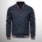 Fall Water Resistant Bomber Jacket with Striped Trim for Men in Dark Blue
