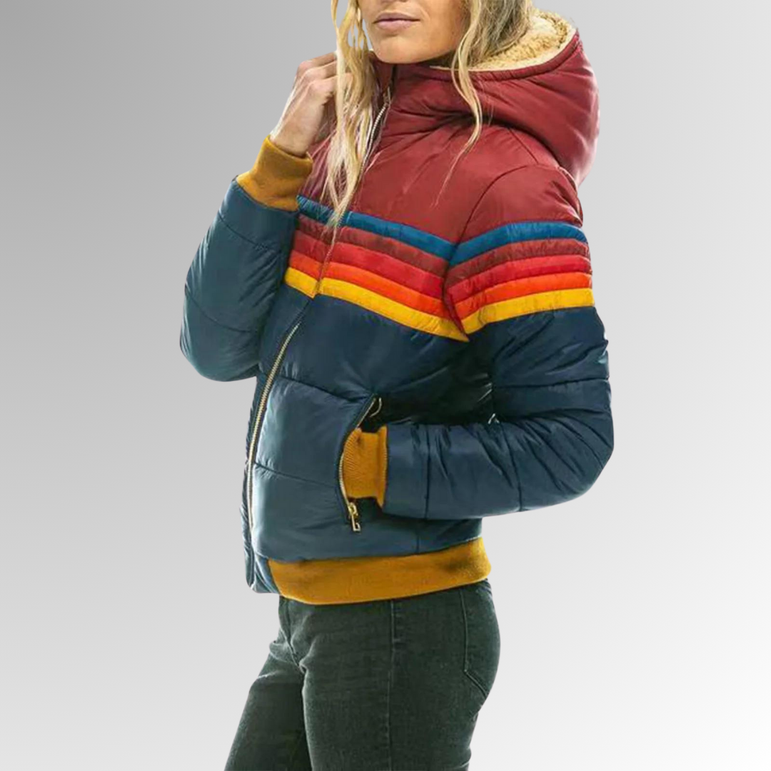 Winter Retro Striped Quilted Hooded Puffer Jacket for Women