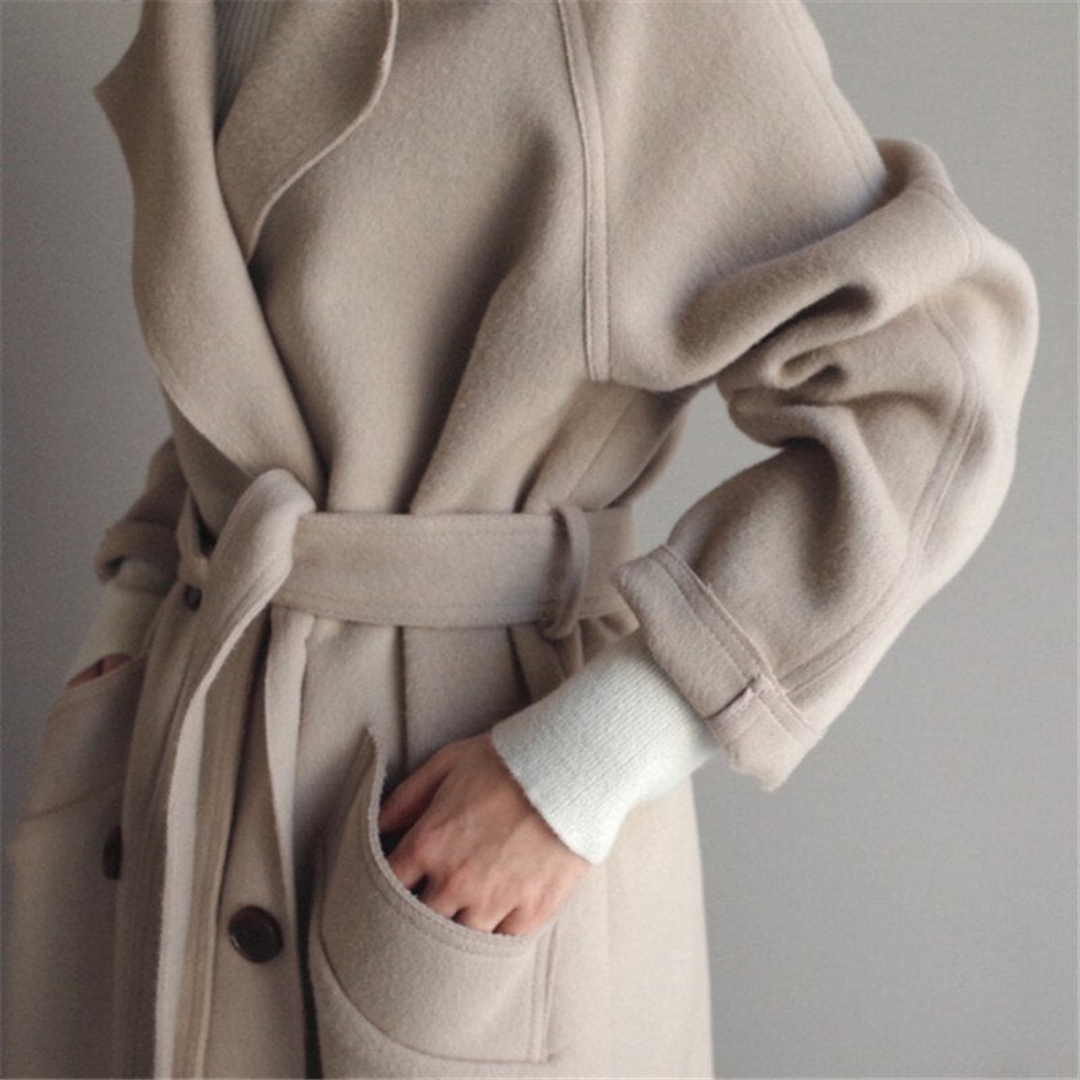 Winter Wool Feel Belted Long Wrap Coat for Women