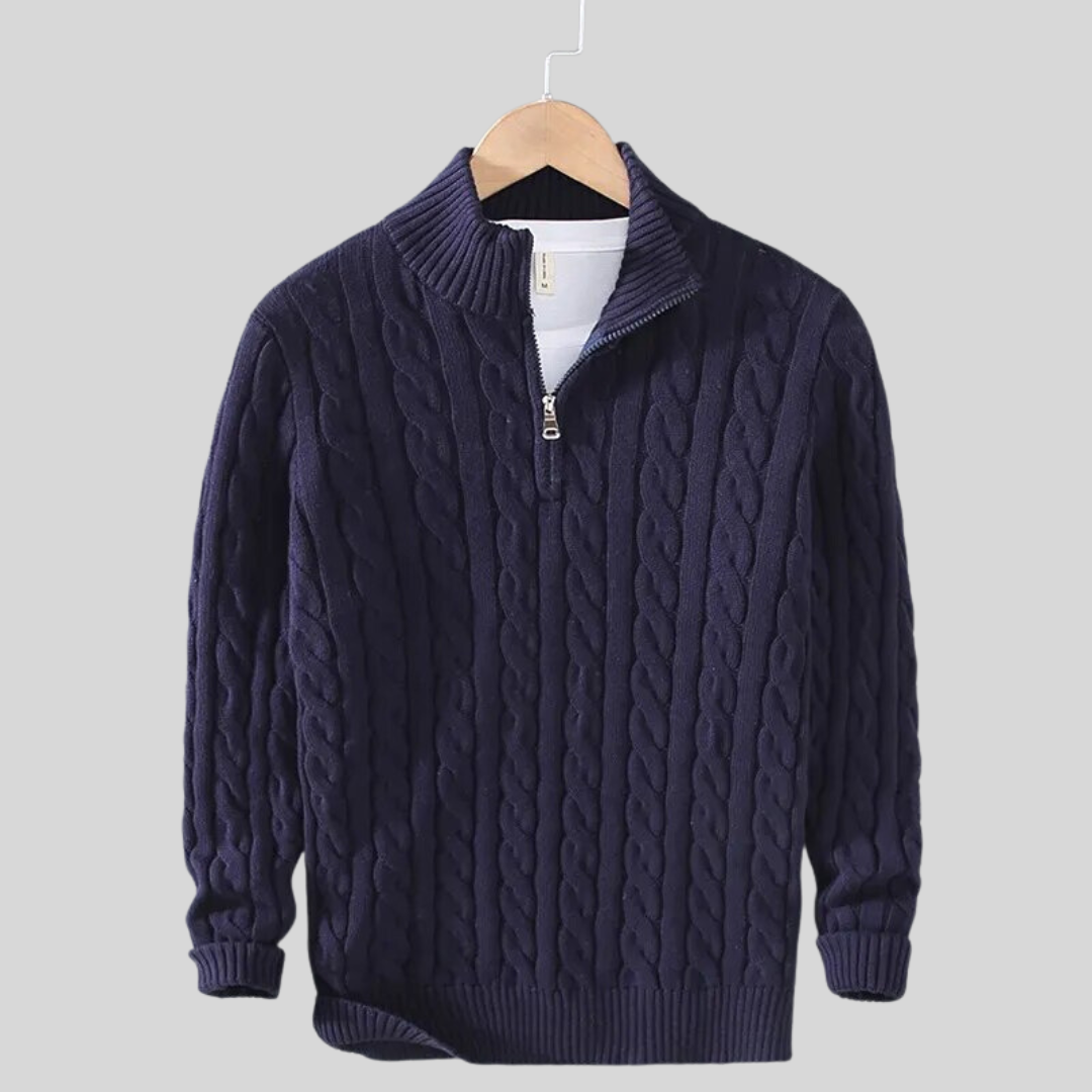 Fall Cable Knit Stand Collar Quarter Zip Sweater for Men in Royal Blue