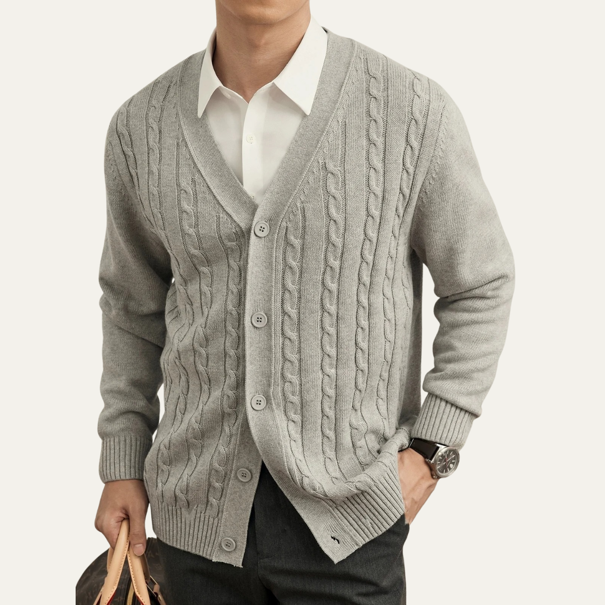 Fall Narrow Cable Knit Button Front Cardigan for Men in Gray