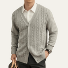 Fall Narrow Cable Knit Button Front Cardigan for Men in Gray