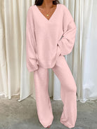 Lounge Set Womens Two Piece V Neck Top Wide Leg Trouser Soft Knit