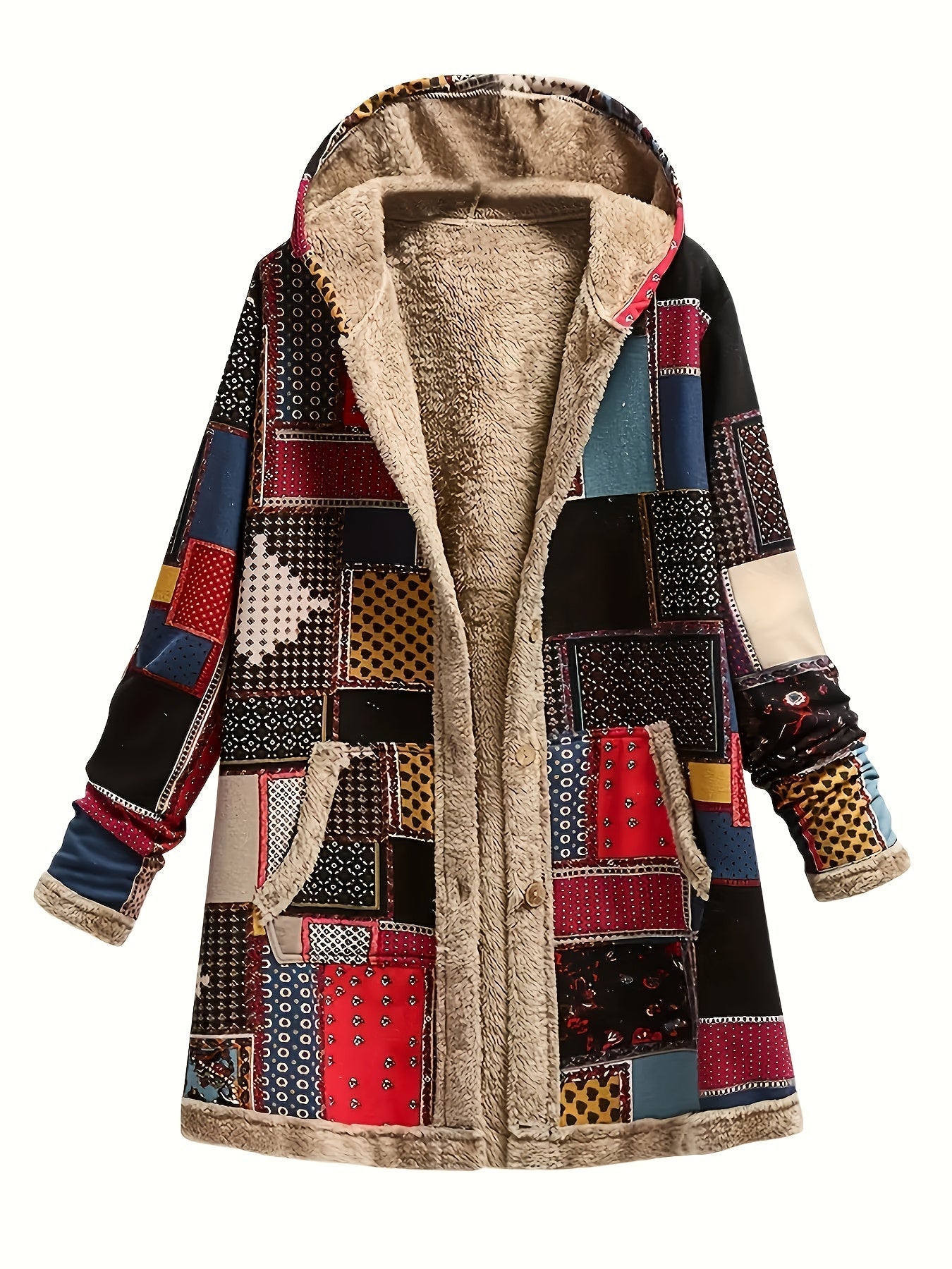 Sherpa Jacket Womens Patchwork Print Hooded Plush Lined Boho Warm
