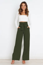 High waist paperbag pant with bow detail in olive green