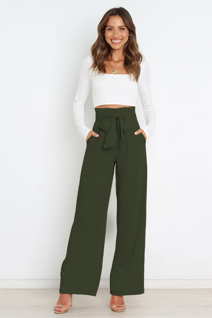 High waist paperbag pant with bow detail in olive green