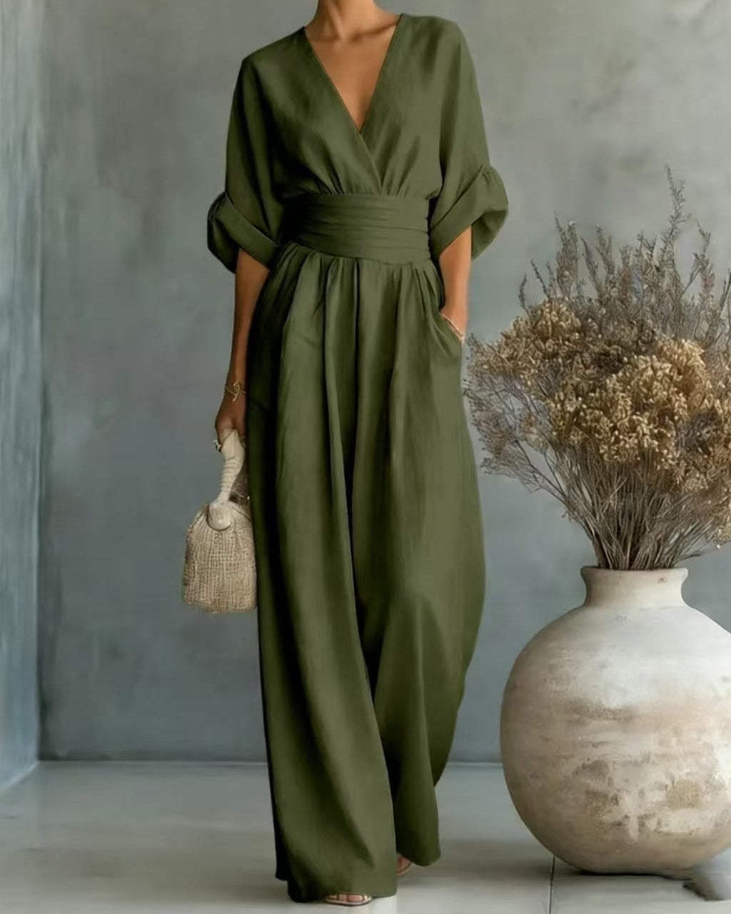 Fall V Neck High Waist Wide Leg Jumpsuit for Women in Olive