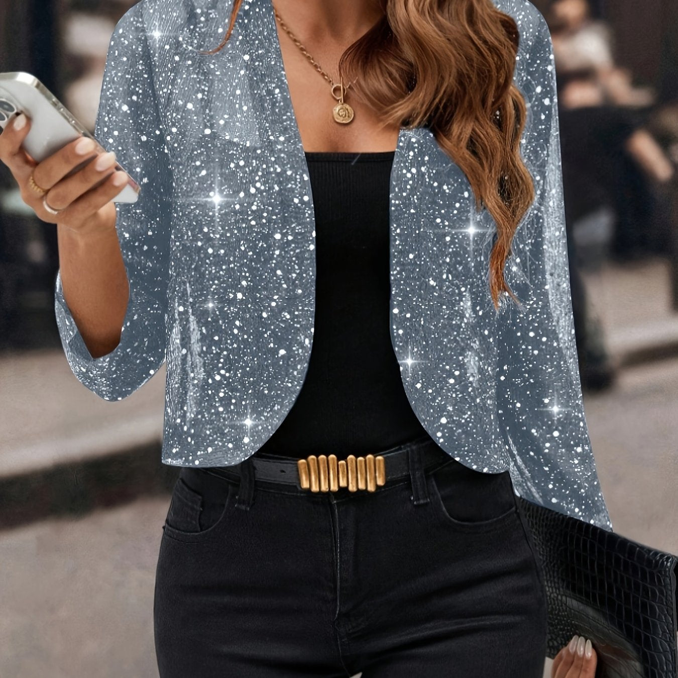 Soft shimmer cropped jacket in sky blue