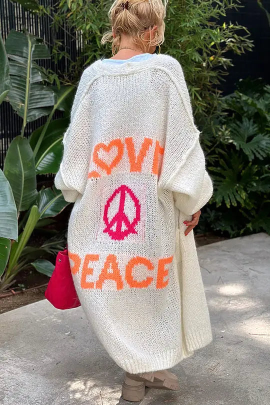 Oversized printed boho knit cardigan in white