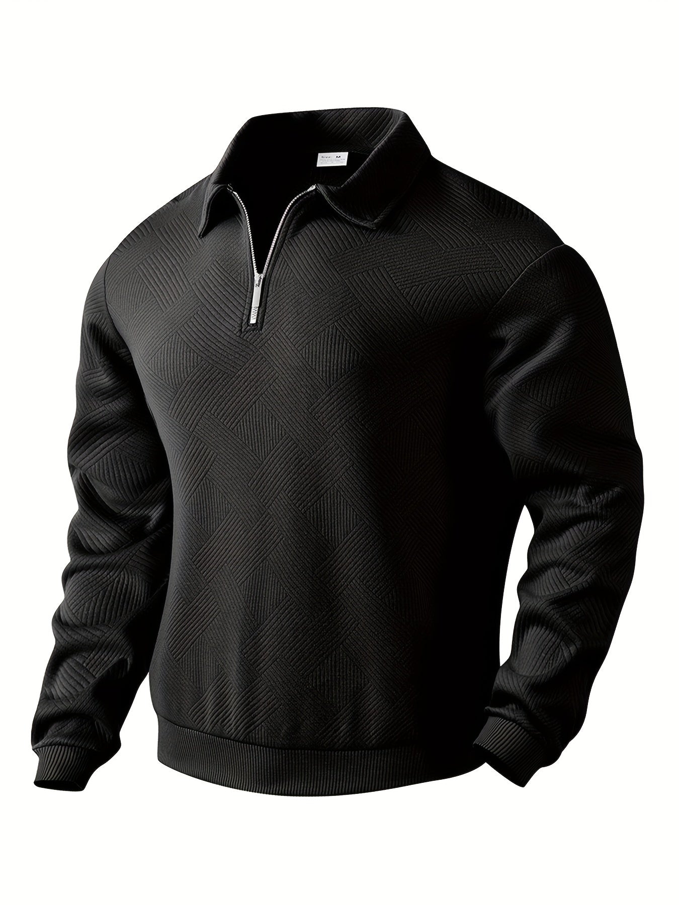 Fall Textured Geometric Polo Collar Quarter Zip Sweater for Men in Black