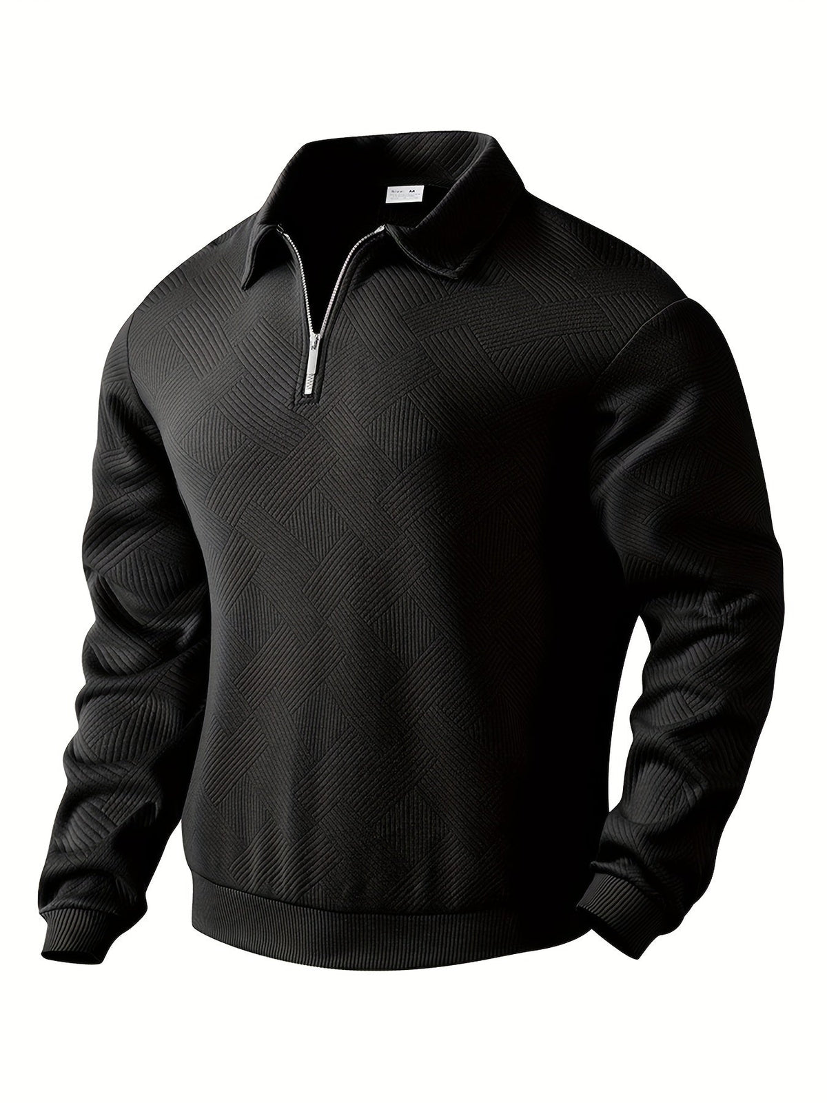 Fall Textured Geometric Polo Collar Quarter Zip Sweater for Men in Black