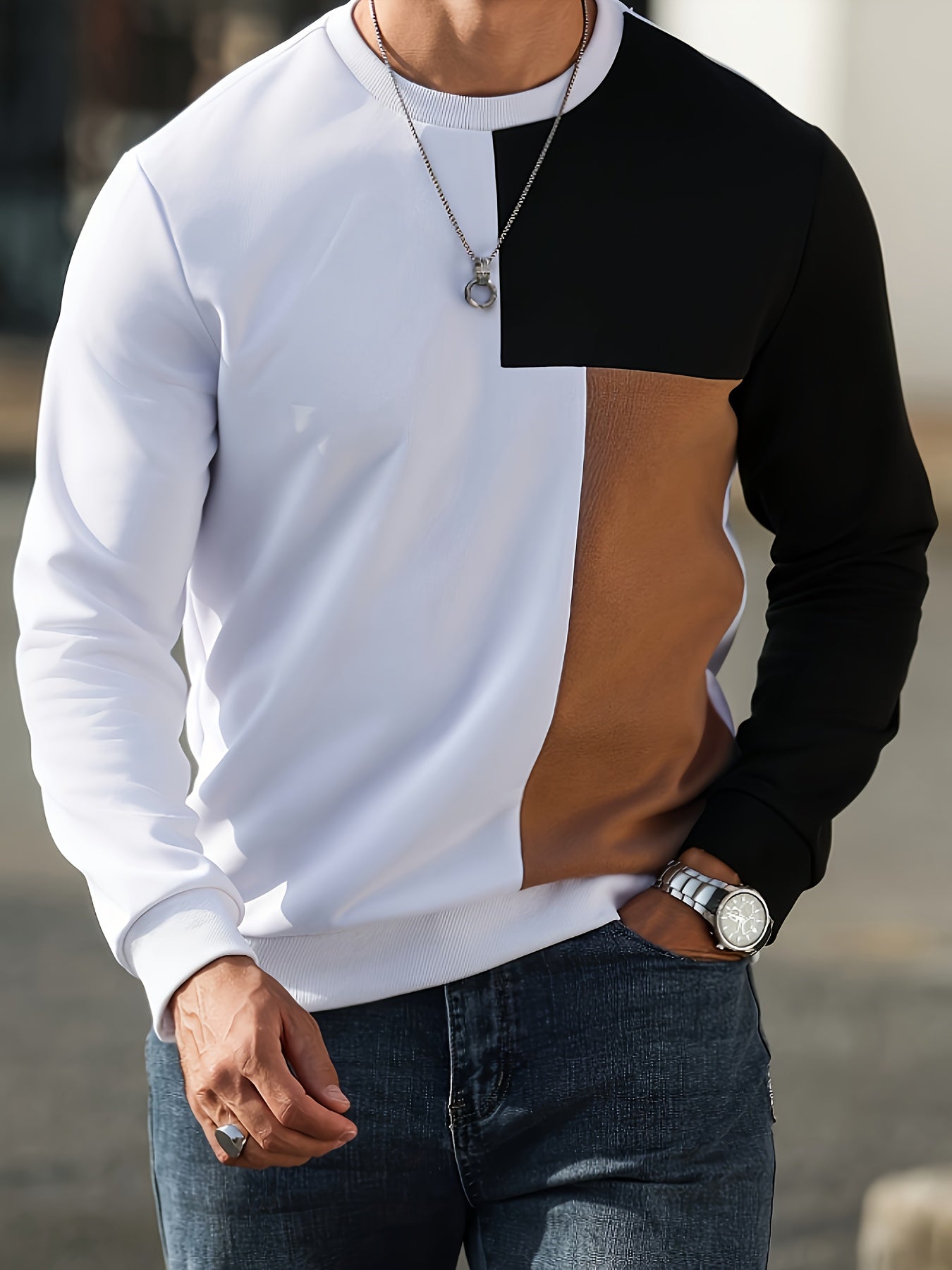 Sweatshirt Mens Colour Block Round Neck Pullover Contrast Panel