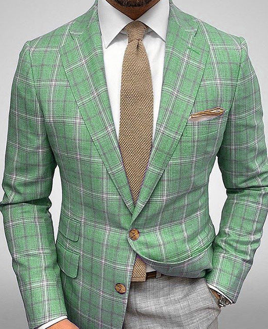 Fall Slim Fit Plaid Two Button Suit Blazer for Men in Light Green Plaid