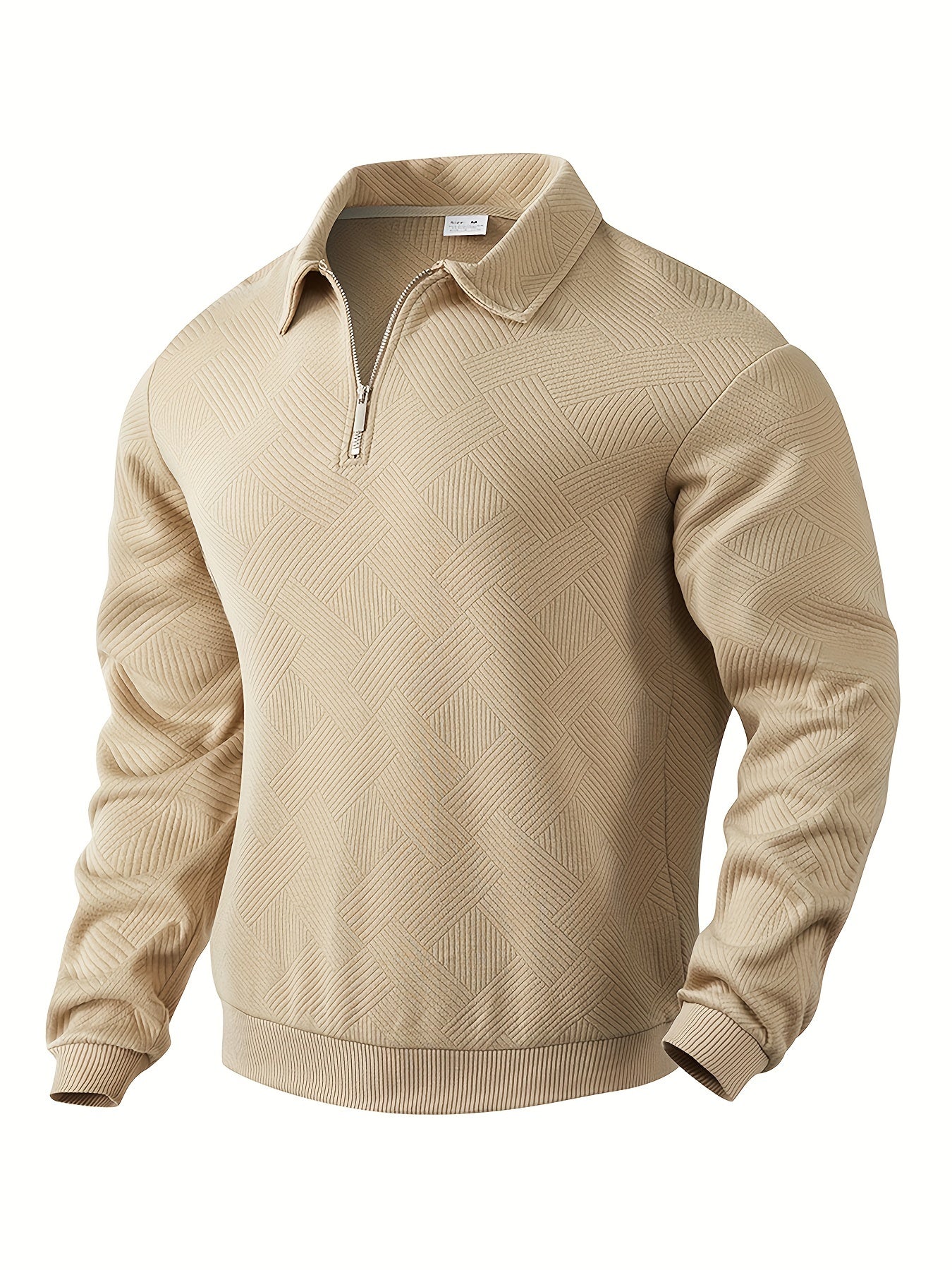 Fall Textured Geometric Polo Collar Quarter Zip Sweater for Men in Khaki
