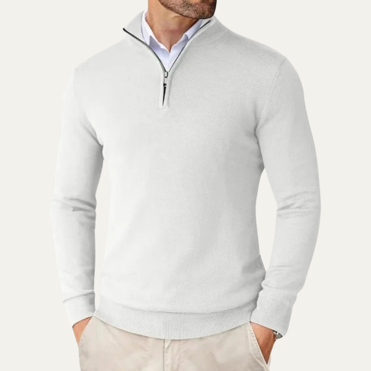 Fall Fine Knit Slim Mock Neck Quarter Zip Sweater for Men in White