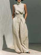 Sleeveless tank and loose wide leg pants set in khaki