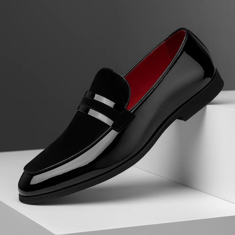 Polished leather suede panel penny loafer in black