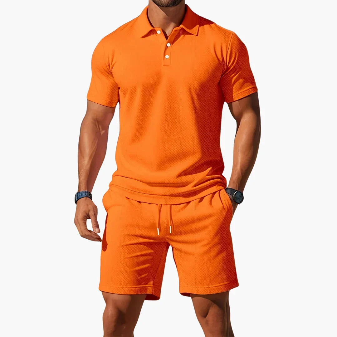 Tailored polo and streamlined shorts set in orange