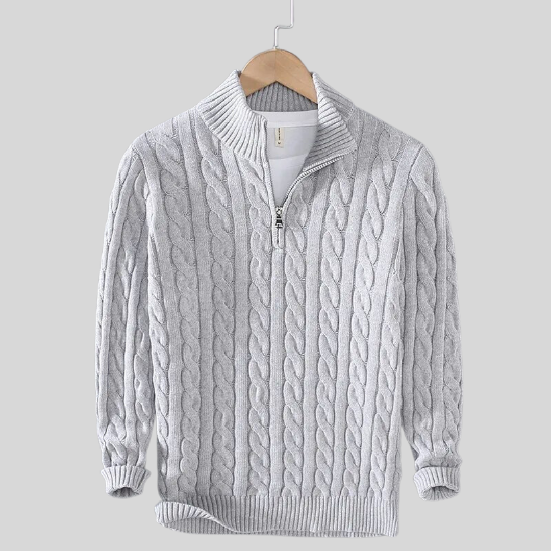 Fall Cable Knit Stand Collar Quarter Zip Sweater for Men in Gray