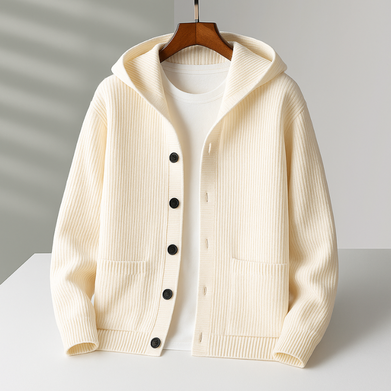 Winter Chunky Ribbed Knit Hooded Cardigan for Men in Off White